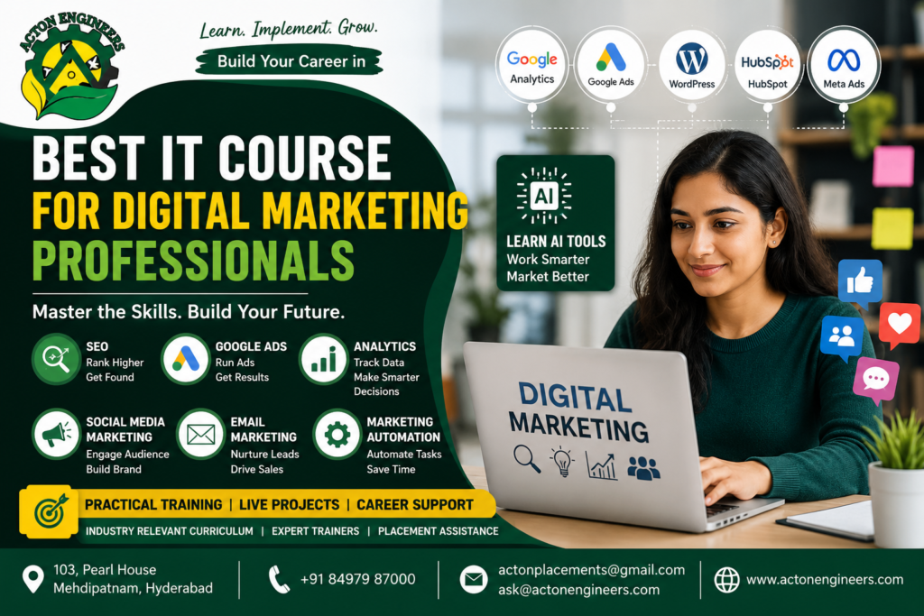 Students learning Digital Marketing tools including SEO, Google Ads, Analytics, AI marketing, and automation at Acton Engineers Hyderabad