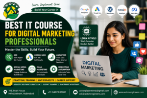 Students learning Digital Marketing tools including SEO, Google Ads, Analytics, AI marketing, and automation at Acton Engineers Hyderabad