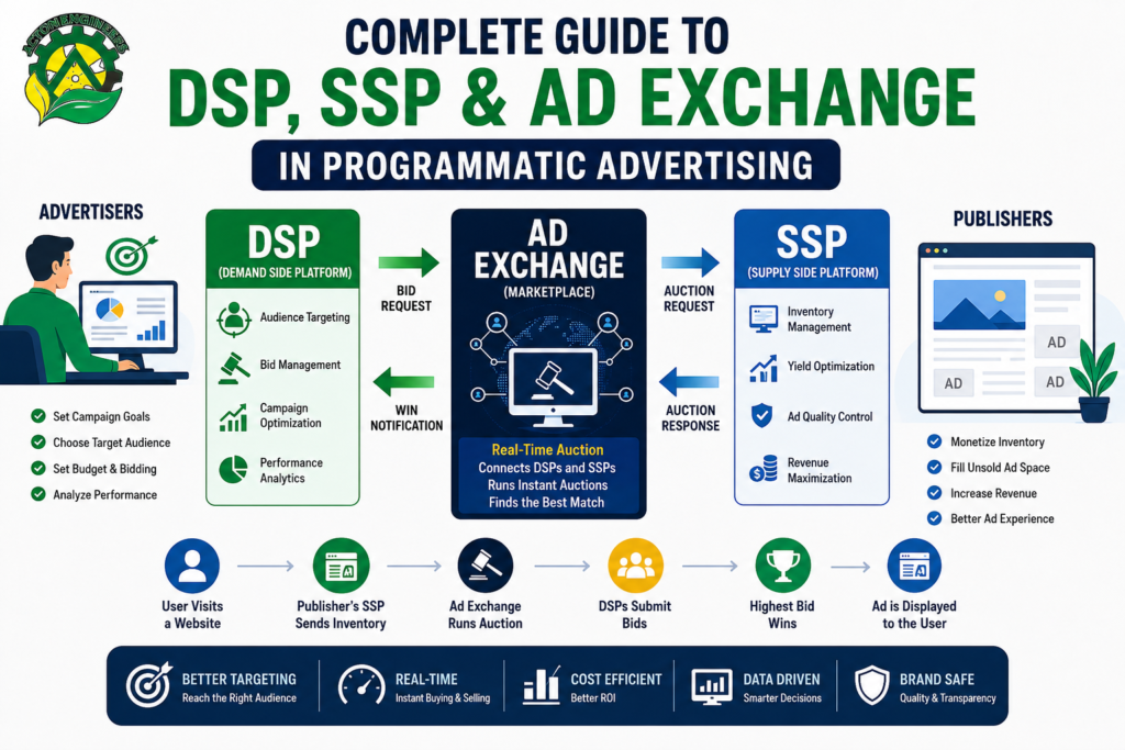 Illustration showing DSP, SSP, and Ad Exchange workflow in Programmatic Advertising