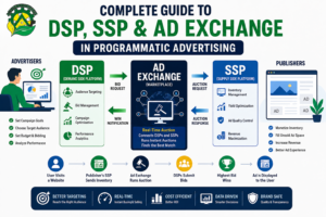 Illustration showing DSP, SSP, and Ad Exchange workflow in Programmatic Advertising