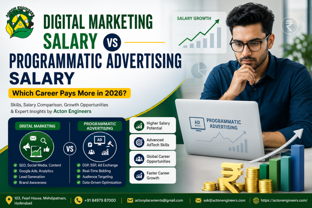 Professional comparing Digital Marketing Salary and Programmatic Advertising Salary with career growth, salary chart, and Acton Engineers branding.