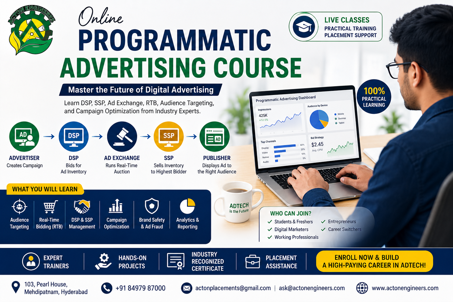 Students learning Programmatic Advertising including DSP, SSP, Ad Exchange, and RTB through an online course