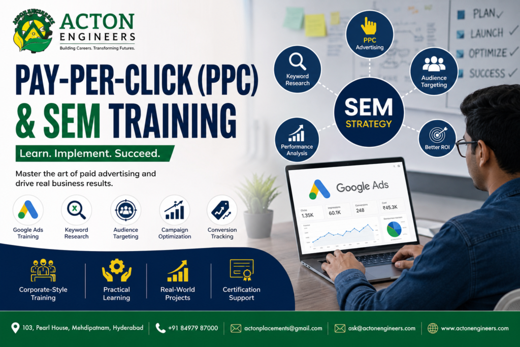 Students learning Pay-Per-Click (PPC) & SEM strategies during digital marketing training at Acton Engineers Hyderabad