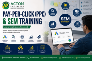 Students learning Pay-Per-Click (PPC) & SEM strategies during digital marketing training at Acton Engineers Hyderabad