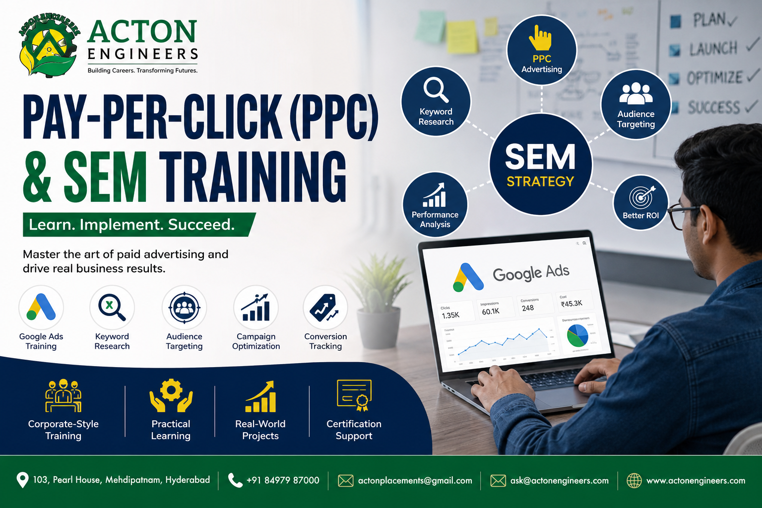 Students learning Pay-Per-Click (PPC) & SEM strategies during digital marketing training at Acton Engineers Hyderabad