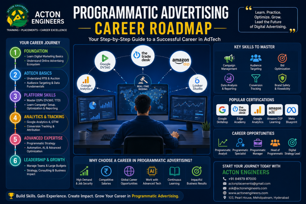 Complete Programmatic Advertising Career Roadmap showing skills, certifications, job roles, salary progression, and career growth opportunities.