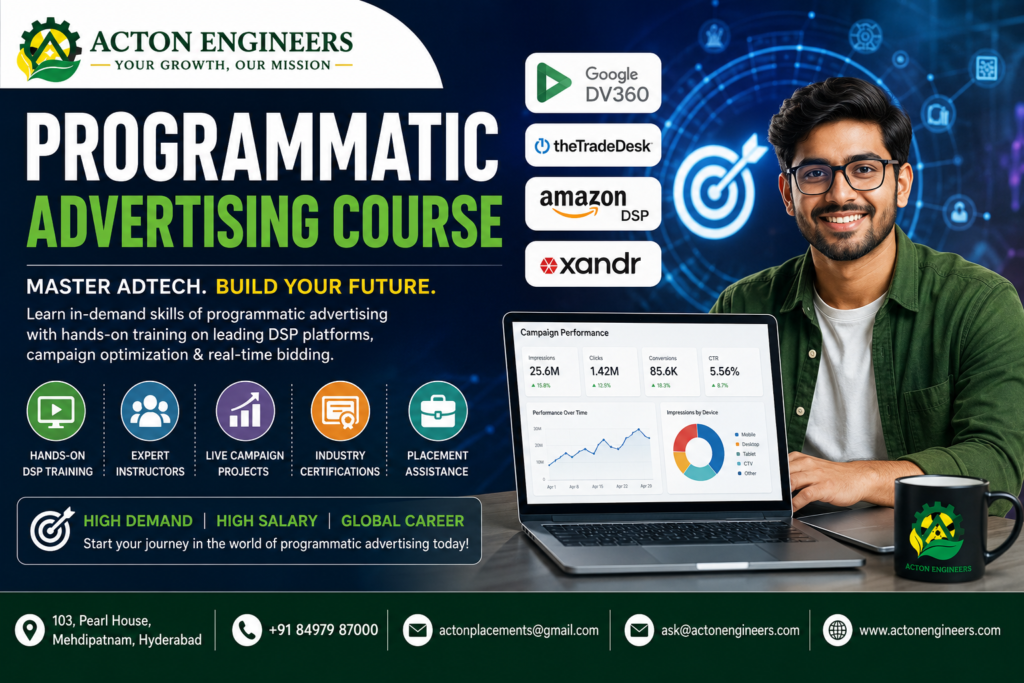 Programmatic Advertising Course in Hyderabad with Google DV360, DSP training, campaign optimization, and placement assistance by Acton Engineers.