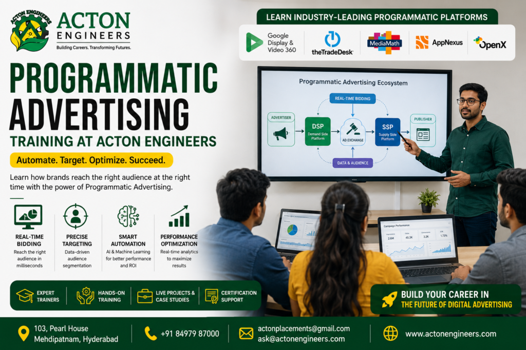 Students learning Programmatic Advertising strategies, real-time bidding, DSPs, and digital media buying at Acton Engineers Hyderabad.