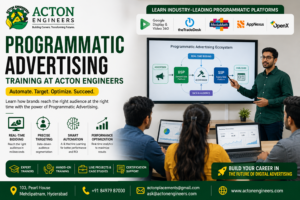 Students learning Programmatic Advertising strategies, real-time bidding, DSPs, and digital media buying at Acton Engineers Hyderabad.