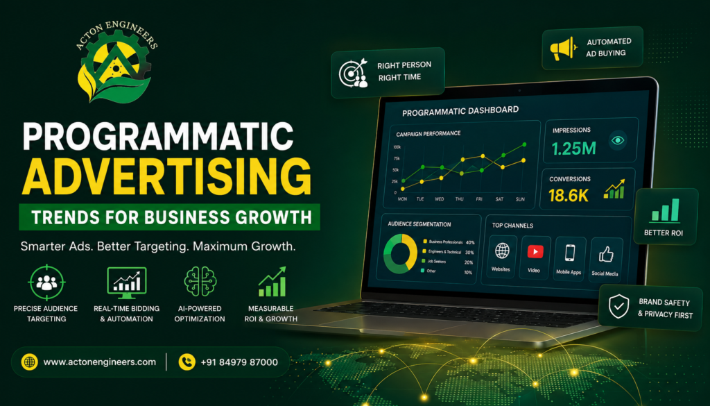 Programatic advertising dashboard showing AI targeting, real-time bidding, digital ads, analytics, and business growth strategy for Acton Engineers.