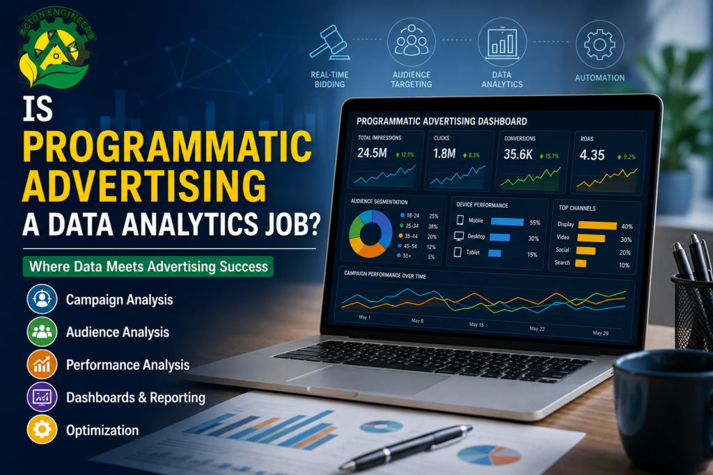 Professional analyzing Programmatic Advertising campaign dashboards using data analytics tools