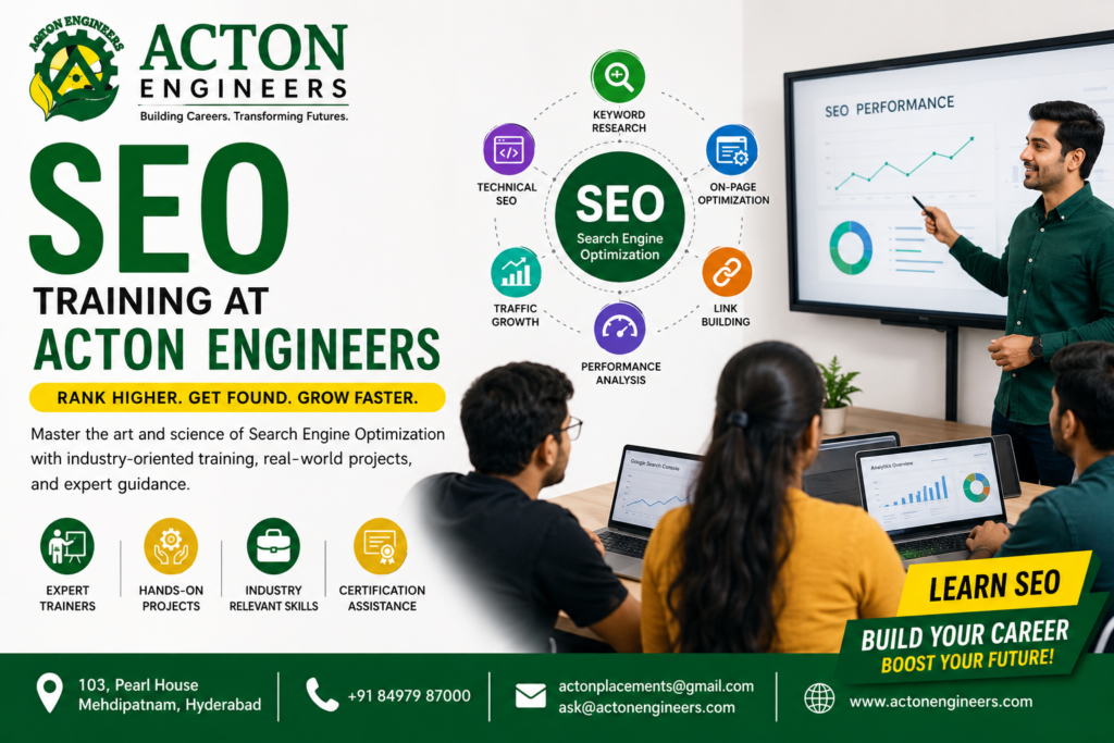 Students learning SEO strategies and search engine optimization techniques at Acton Engineers Hyderabad
