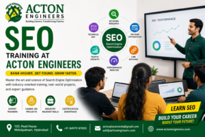 Students learning SEO strategies and search engine optimization techniques at Acton Engineers Hyderabad