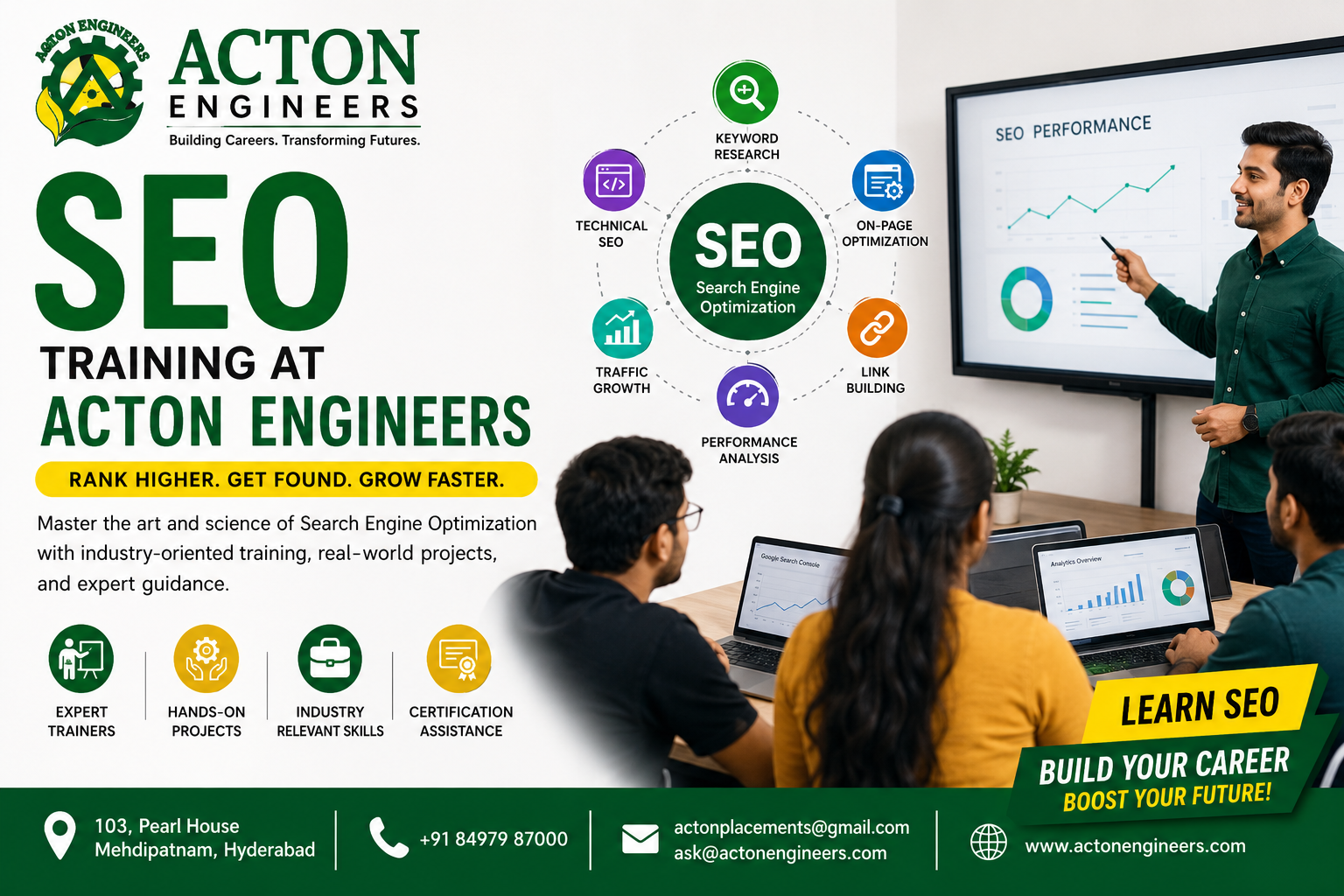 Students learning SEO strategies and search engine optimization techniques at Acton Engineers Hyderabad