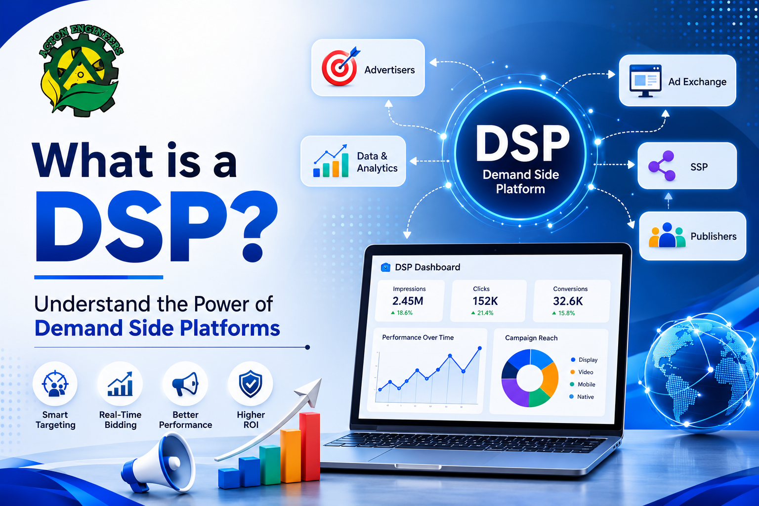 Illustration showing how a DSP connects advertisers with ad exchanges in Programmatic Advertising.