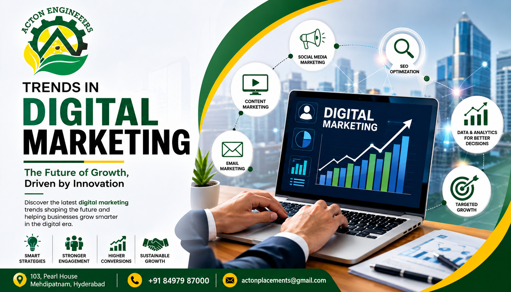 Professional digital marketing illustration showing SEO, social media, content marketing, email marketing, analytics, and business growth strategies with Acton Engineers branding.