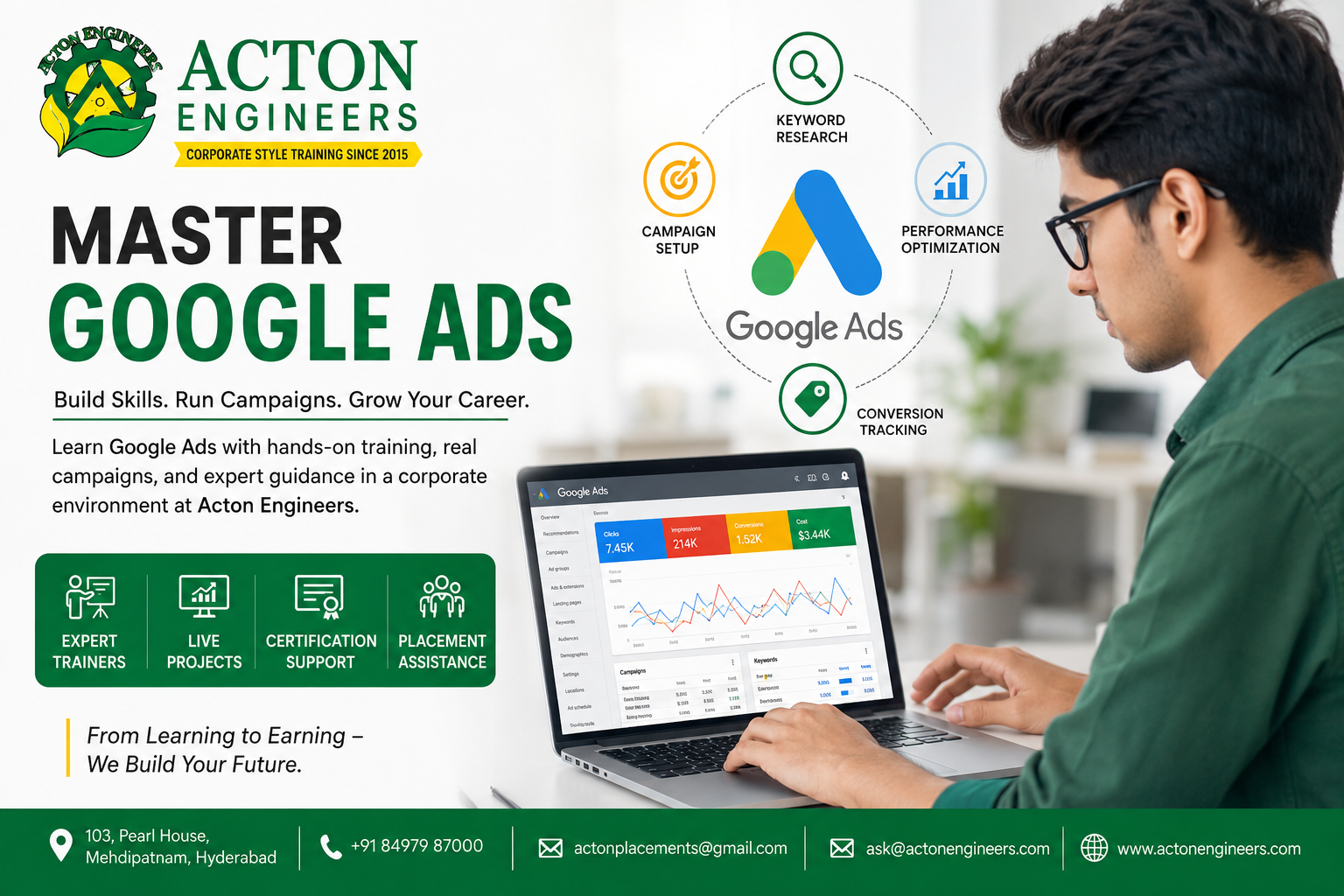 Student learning Google Ads campaign management at Acton Engineers Hyderabad
