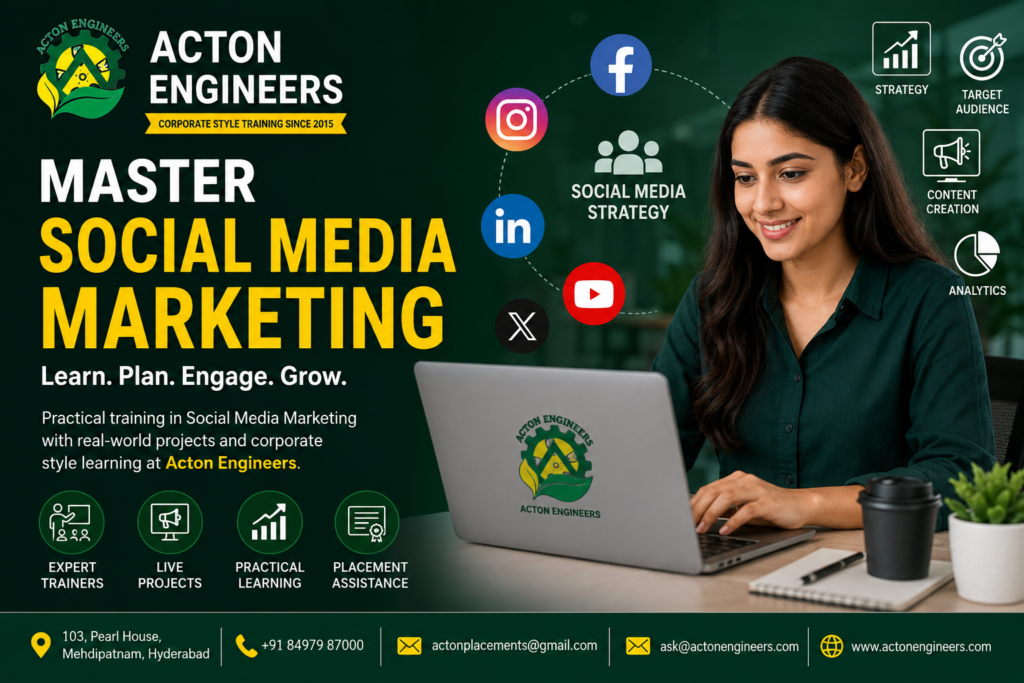 Students learning Social Media Marketing strategies at Acton Engineers Hyderabad