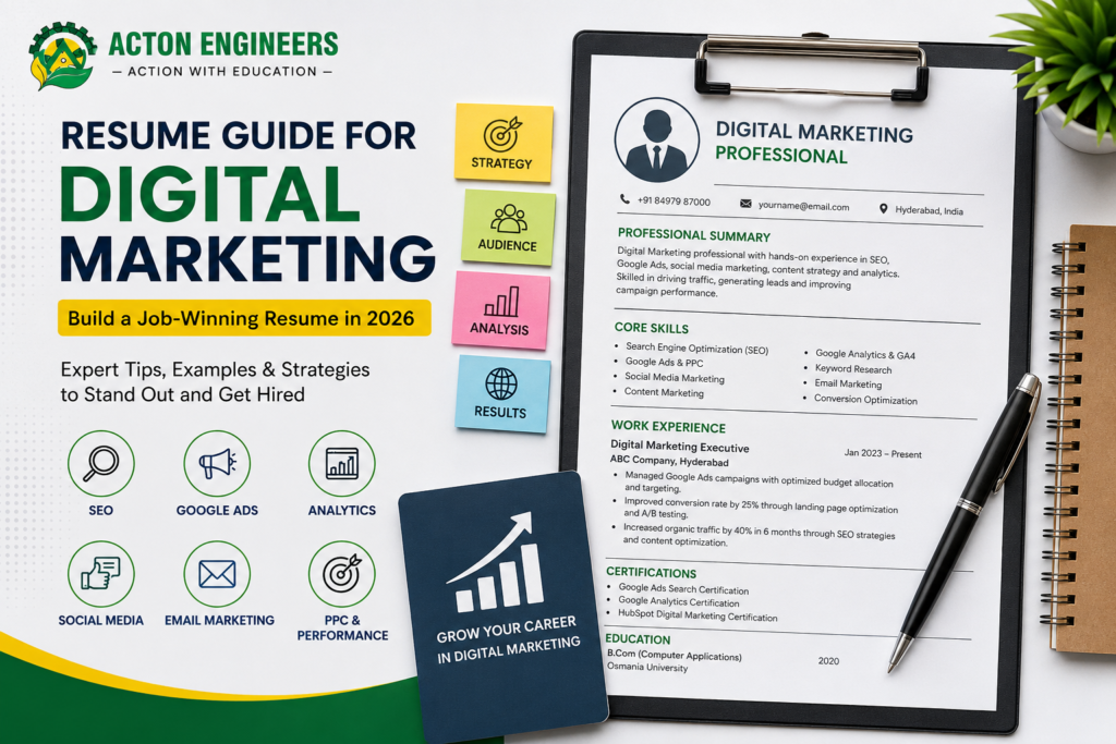 Digital Marketing resume guide for freshers and professionals by Acton Engineers Hyderabad
