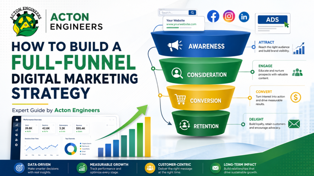 Full-funnel Digital Marketing strategy showing awareness, consideration, conversion and retention stages