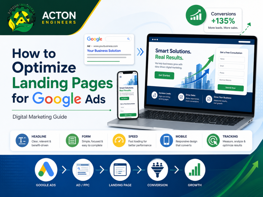 Digital Marketing landing page optimization for Google Ads showing conversion-focused design and campaign performance