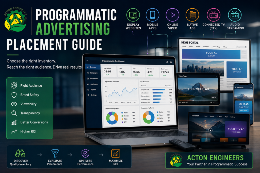 Programmatic Advertising placement guide showing display, video, mobile, native and CTV inventory