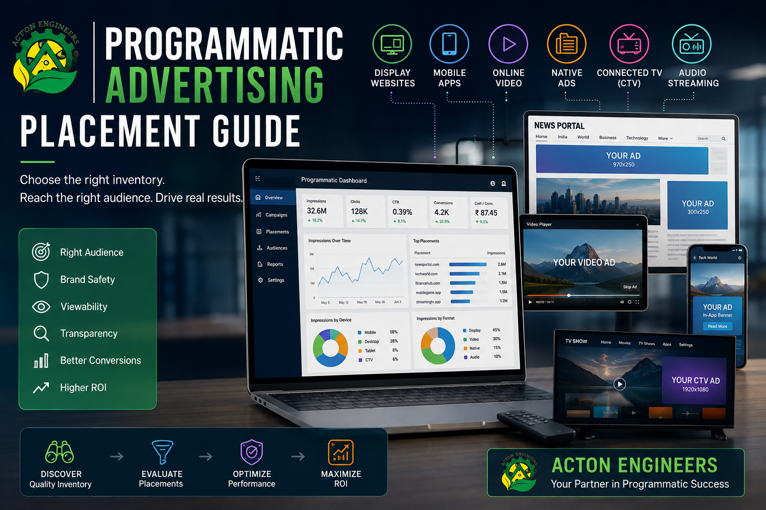 Programmatic Advertising placement guide showing display, video, mobile, native and CTV inventory