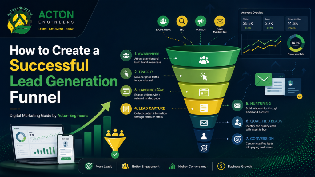 Digital Marketing lead generation funnel showing awareness, lead capture, nurturing and conversion stages
