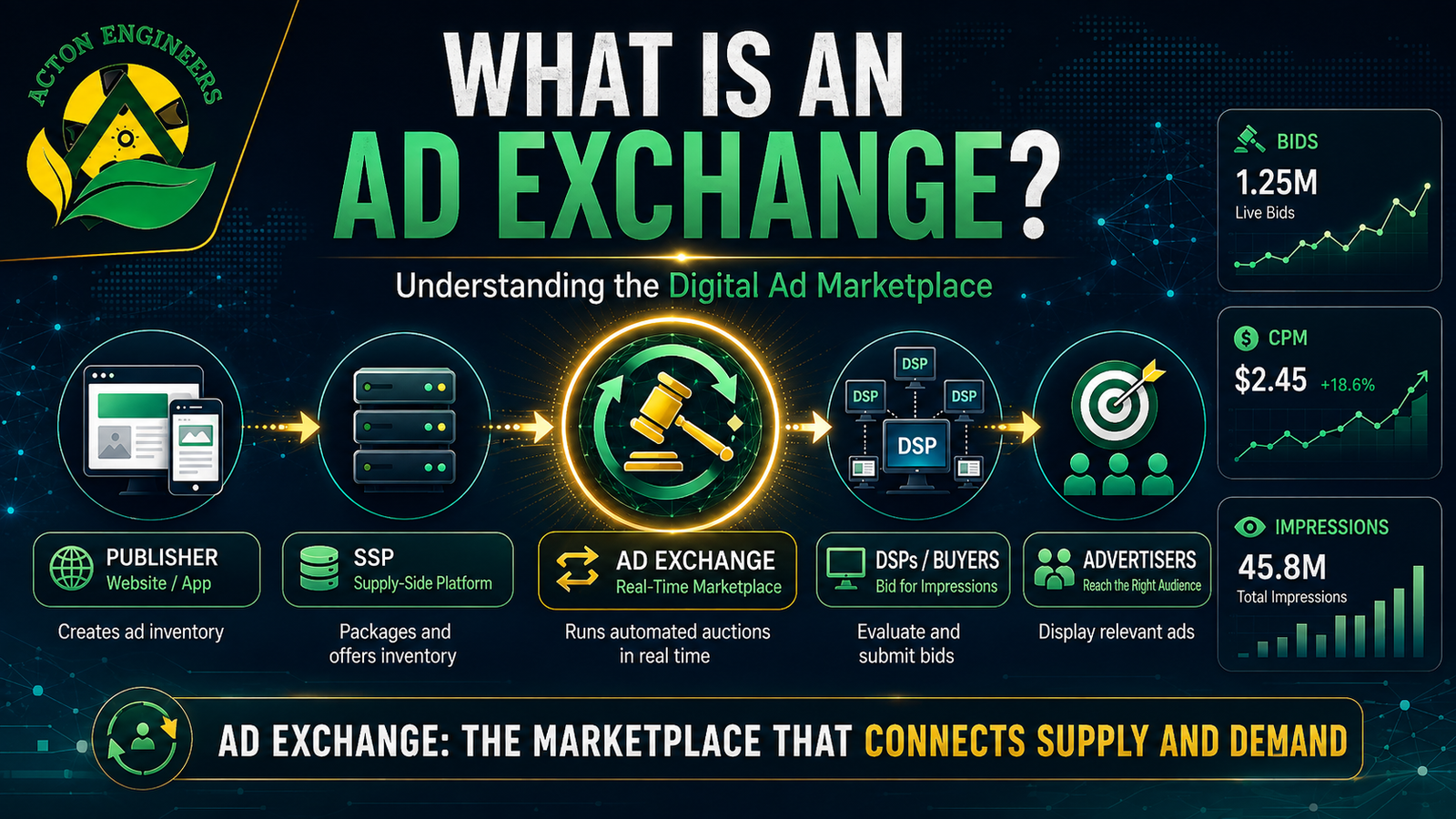 Ad Exchange connecting publishers and advertisers through SSPs, DSPs and real-time bidding