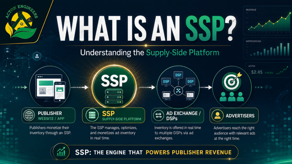 Diagram explaining how an SSP connects publishers with DSPs and ad exchanges