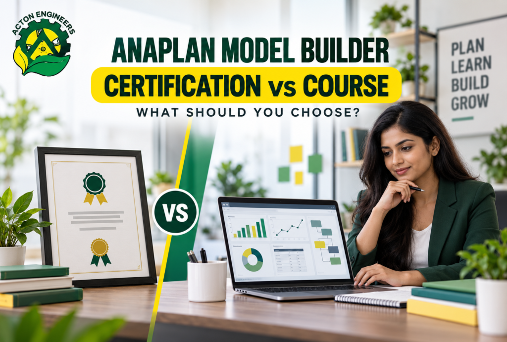 Professional comparing Anaplan Model Builder certification and practical course options