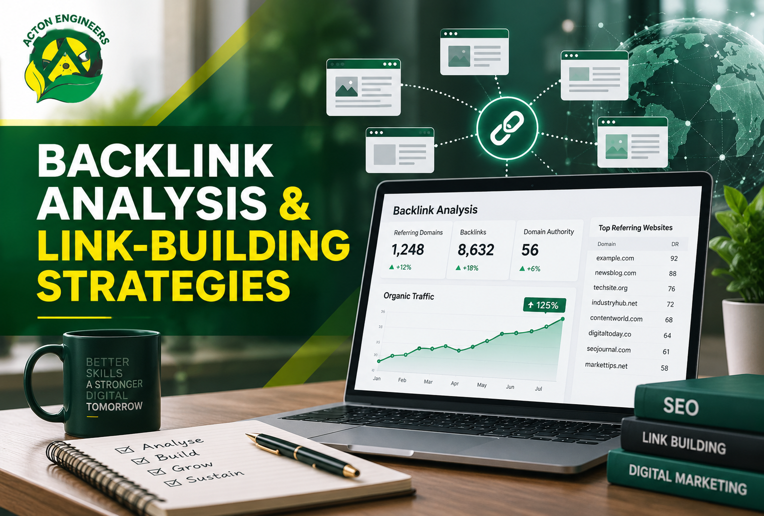 Digital Marketing specialist conducting backlink analysis and planning link-building strategies