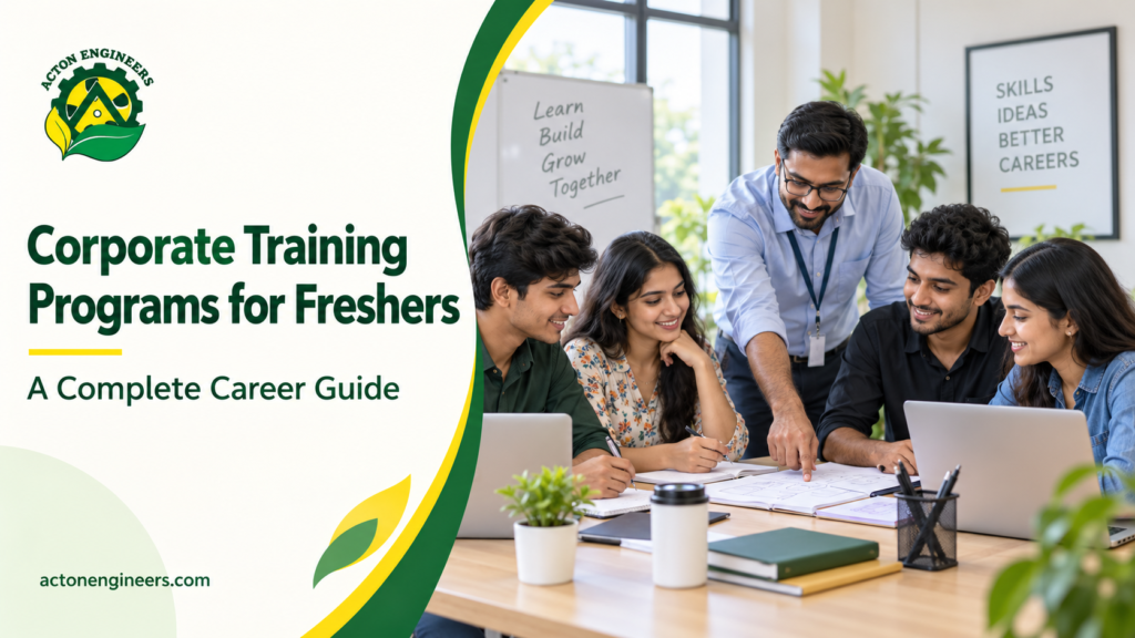 Trainer reviewing a project with freshers during a Corporate Training session