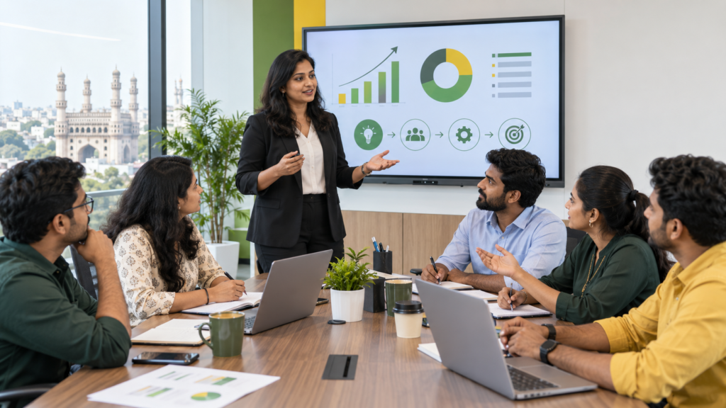 Corporate training session where employees solve a practical business problem with an expert instructor
