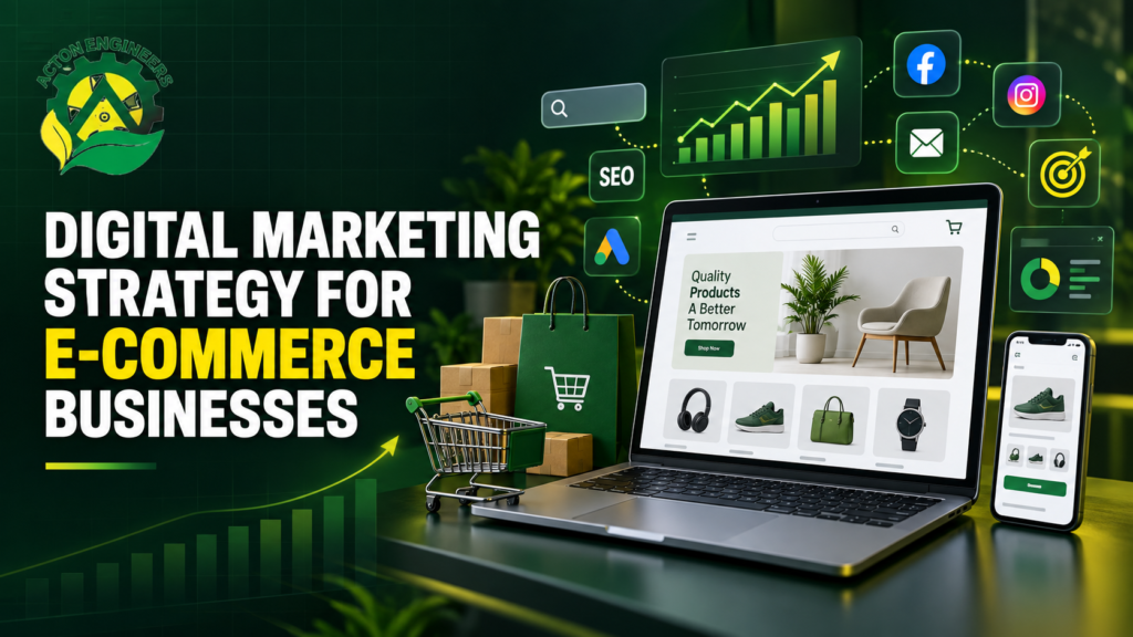 Digital marketing strategy for e-commerce businesses covering SEO, paid advertising, email, social media, and analytics