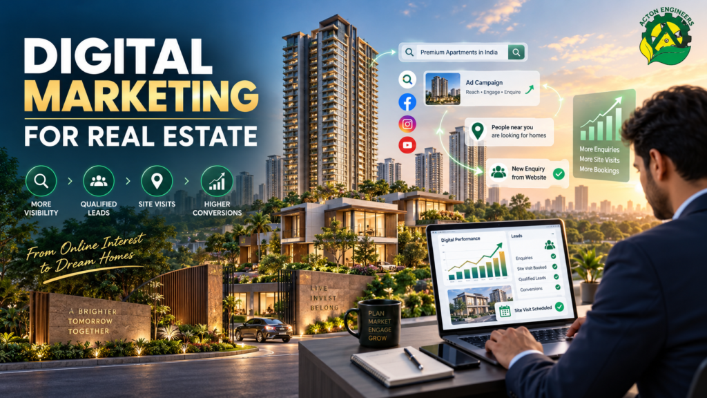 Real estate team reviewing a Digital Marketing dashboard for property leads and site visits