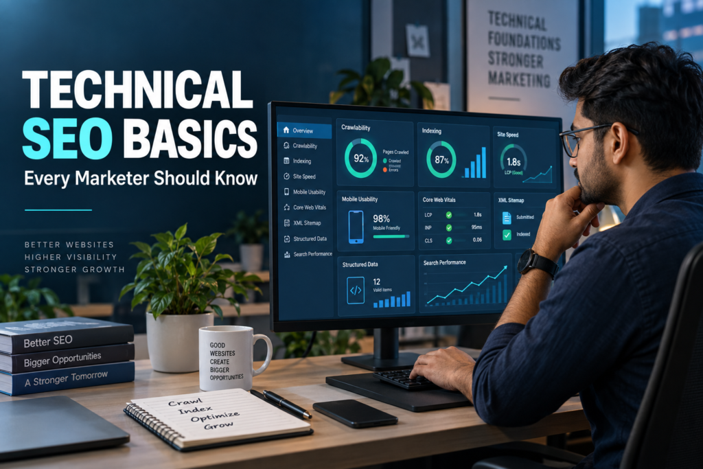 Digital Marketing professional reviewing technical SEO performance, indexing, site speed, and website crawlability