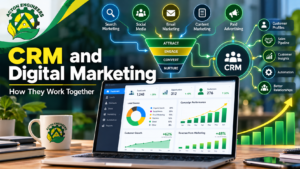 CRM and Digital Marketing integration showing customer data, lead generation, marketing automation, and sales growth