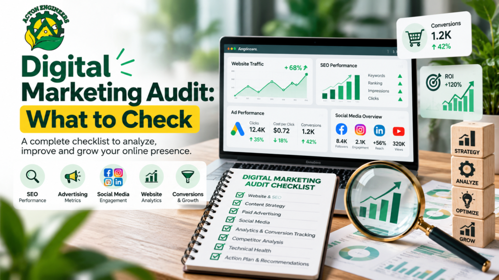 Digital Marketing audit checklist covering SEO, website analytics, paid advertising, social media and conversion optimization