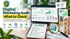 Digital Marketing audit checklist covering SEO, website analytics, paid advertising, social media and conversion optimization