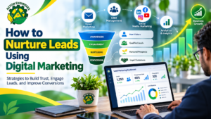Digital marketing lead nurturing strategy showing CRM, email automation, lead scoring, and customer conversion